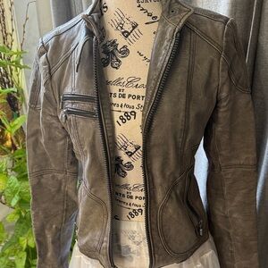 Laundry By Shelli Segal Tan-Gray Moto Leather Jacket